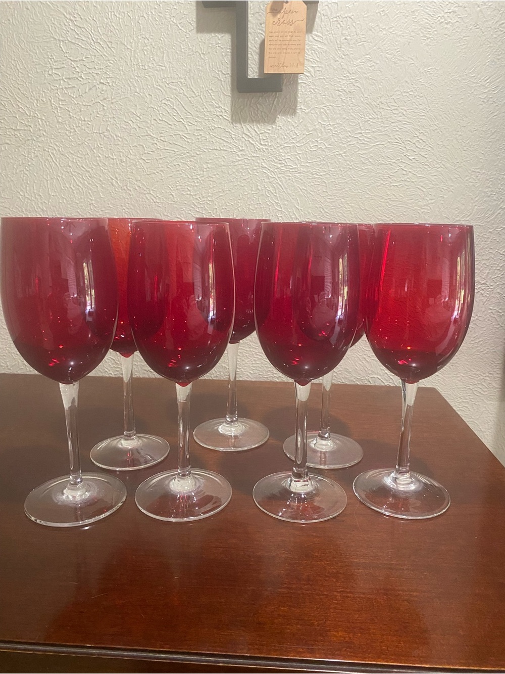 Set of 7, Red Glass Wine Glasses with Clear Stems